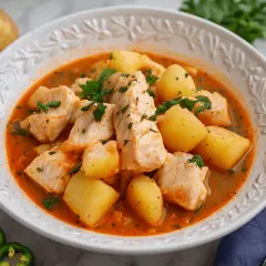 Un reconfortante plato de patatas con bacalao en una salsa rojiza, adornado con perejil fresco.