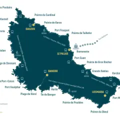 Carte de Belle-Île-en-Mer : découvrez les villages, arrêts de bus, sentiers GR340 et liaisons maritimes pour explorer ce joyau.