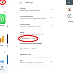 Google Play Store: Einstellungen für Familie und google speicherplatz teilen. Familienmitglieder verwalten und einladen.