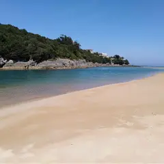 Amplia playa de la arena con aguas tranquilas y vegetación en la ladera. Un lugar ideal para los nudistas que buscan paz.