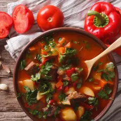 Aksamitna zupa gulaszowa przepis babci, pełna mięsa, ziemniaków i papryki, z dodatkiem świeżej natki.