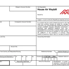 Dokument House Air Waybill z danymi nadawcy, odbiorcy i szczegółami transportu.