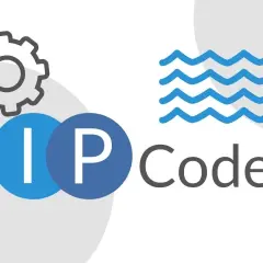 Grafika zębatek i fal symbolizuje płynność i mechanizmy działania. Litery "IP" w niebieskich kołach oraz napis "Code" sugerują projektowanie kodu IP 64.