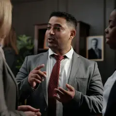 Un homme en costume explique avec passion à deux femmes, peut-être une affaire où ils risquent d'être déboutés en justice.