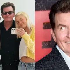 Charlie Sheen z żoną i córką robią selfie. Obok zbliżenie na uśmiechniętego aktora.