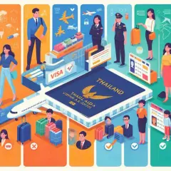 Illustration zeigt Menschen, die für ein Thailand Visum reisen. Ein großes Reisepass-Symbol mit "Thailand" ist zentral.