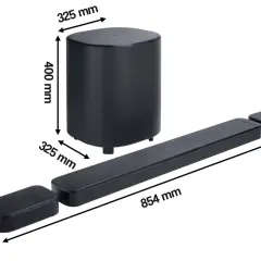 Soundbar JBL z subwooferem i bocznymi głośnikami. Wymiary: 854 mm (soundbar), 325x400 mm (subwoofer), 128x52 mm (głośniki boczne). Dowiedz się, jak podłączyć soundbar JBL do TV.