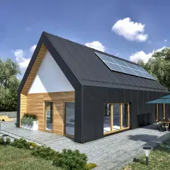 Nowoczesny dom modułowy z panelami słonecznymi. Zastanawiasz się, ile kosztuje budowa domu modułowego? Ten projekt to inspiracja.