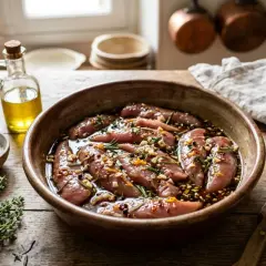 Aiguillettes de canard marinant dans un plat en terre cuite, entourées d'herbes, d'épices, d'huile d'olive et d'une tranche d'orange.