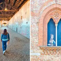 Un giorno a Vigevano: una donna cammina sotto i portici del castello, mentre una finestra mostra un ritratto rinascimentale.