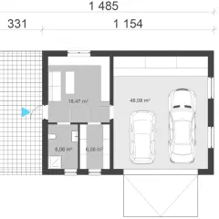 Projekt garażu na dwa auta o powierzchni 48,08 m². Obok pomieszczenie gospodarcze 18,47 m² i dwie łazienki po 6,06 m².