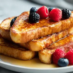 Goldbraune French Toast-Scheiben, gestapelt und mit Beeren und Sirup garniert. Ein köstliches "Rostige Ritter Rezept" für den Morgen.