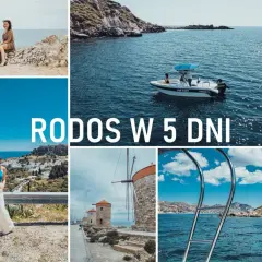 Rodos atrakcje turystyczne: para na skale, łódź na morzu, kobieta z widokiem na Lindos, wiatraki i widok z łodzi.