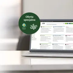 Na ekranie laptopa system LEX, który pomaga sprawdzić czy adwokat ma uprawnienia. Zielona nakładka z logo Wolters Kluwer.