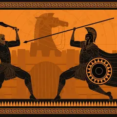 Due guerrieri in stile antico si affrontano. Uno con spada, l'altro con lancia. Forse uno di loro era Achille, l'eroe invincibile.