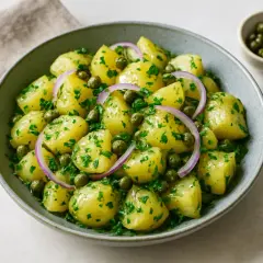 En skål med potatissallad med kapris, färsk persilja och rödlök. En klassisk svensk sommarsallad.