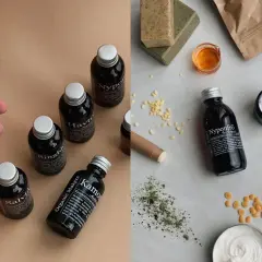 Flera små flaskor med ekologisk hudvård, som Chia och Nyponfrö. Perfekt för dig som vill kolla ingredienser i hudvård.