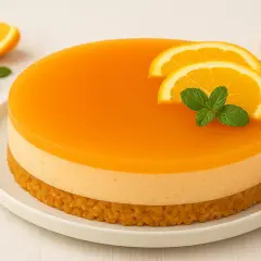 Eine leuchtend orangefarbene Aperol Torte mit zwei Orangenscheiben und Minze garniert. Der Boden ist knusprig, die Füllung cremig.