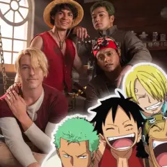 Die Schauspieler des "One Piece"-Live-Action-Films posieren fröhlich. Im Vordergrund die animierten Charaktere, im Hintergrund die Darsteller.