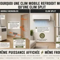 Comparaison entre clim mobile monobloc et clim split. La clim mobile rejette l'air chaud dehors, mais l'air chaud extérieur rentre par les ouvertures, réduisant son efficacité. La clim split, mieux isolée, offre un froid utile optimal.