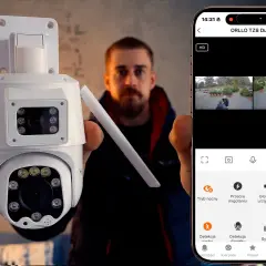 Mężczyzna prezentuje kamerę ORLLO TZ8 Dual 2 i jej aplikację do kamery samochodowej wifi na smartfonie.