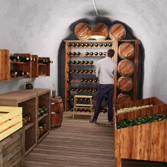 Piwnica z winami, gdzie mężczyzna sprawdza, w jakiej temperaturze przechowywać wino. Widać regały z butelkami, beczki i świeże warzywa.