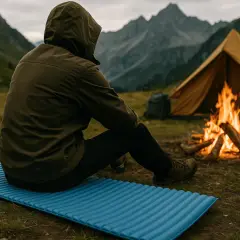 Persona sentada en una esterilla azul, disfrutando de una fogata junto a una tienda de campaña en la montaña. La mejor esterilla montaña para esta aventura.