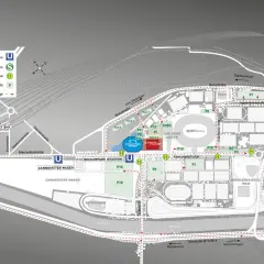 Plan für die Anreise zur Porsche Arena und Umgebung. Zeigt ÖPNV-Haltestellen, Parkplätze und Zufahrtswege.