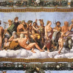 Boska rada bogów greckich, w tym Zeusa, omawia stworzenie świata według mitologii greckiej.