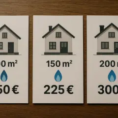 Szacowane roczne zużycie gazu w domu 100m² to 150€. Obok przykłady dla 150m² i 200m².