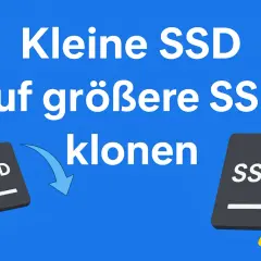 Kleine SSD auf größere SSD klonen. Ein Pfeil zeigt von einer kleinen SSD zu einer größeren, die ein Warnsymbol hat.