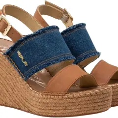 Sandali con zeppa Replay in denim e cuoio, perfetti per un look estivo casual.