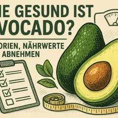 Wie gesund ist Avocado? Kalorien, Nährwerte & Abnehmen. Eine Waage, Maßband und Checkliste deuten auf die gesunde Ernährung mit Avocado hin.