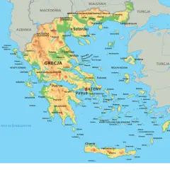 Grecja z zaznaczonymi Atenami, stolicą, w regionie Attyki. Mapa pokazuje też inne miasta i wyspy, gdzie są Ateny.