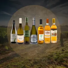 Selezione di bottiglie di vino bianco friulano, tra cui Sauvignon, Chardonnay e Prosecco, su uno sfondo di vigneti al tramonto.