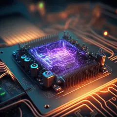 Elektroniczny rdzeń komputera, świecący na fioletowo, z miedzianymi ścieżkami. To serce, które zapewnia dobry procesor do gier.