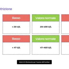 Valori di riferimento per amilasemia e amilasuria. Un valore basso di amilasi pancreatica nel sangue (< 28 U/L) può indicare problemi.