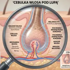 Szczegółowy przekrój przez cebulkę włosa pod lupą, ukazujący jej budowę i cykl życia. Widoczna macierz włosa, brodawka z naczyniami i nerwami, a także mieszki i pochewki.