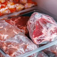Surowa wołowina i inne mięsa zapakowane próżniowo w zamrażarce.