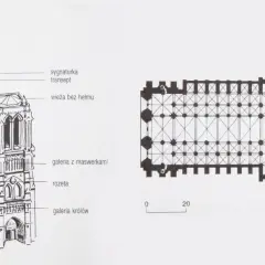 Rysunek Notre-Dame z widokiem fasady i planem kościoła.