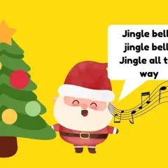 Święty Mikołaj śpiewa "Jingle Bells", jeden z popularnych piosenek świątecznych po angielsku. Obok choinka i nuty.