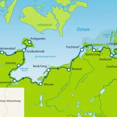 Karte der Mecklenburgischen Radtour von der Ostseeküste bis nach Rügen.