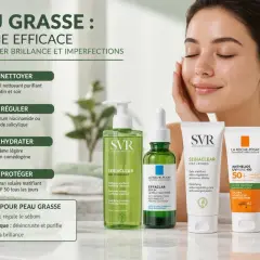 Routine pour peau très grasse : nettoyage, régulation avec sérum, hydratation légère et protection solaire matifiante.