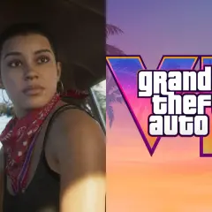 Kobieta w samochodzie i logo Grand Theft Auto VI. Zastanawiasz się, ile waży GTA VI?