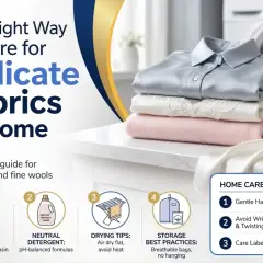 A stack of folded delicate fabrics, including a silk shirt, lace, and soft wool, are shown with tips on how to care for them at home.