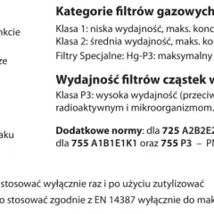 Tabela z oznaczeniami kolorystycznymi filtrów gazowych i cząstek. Filtr Hg-P3 chroni przed parami rtęci.