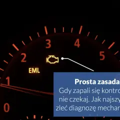 Na desce rozdzielczej świeci się żółta kontrolka check engine. Prosta zasada: gdy zapali się kontrolka, nie czekaj, zleć diagnozę mechanikowi.