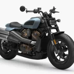 Motocicleta Harley-Davidson azul claro, lista para una cotización. Diseño moderno con detalles en bronce y escape doble.