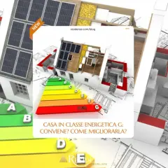 Modello di casa con pannelli solari e scala energetica. Scopri come aumentare classe energetica per un futuro sostenibile.