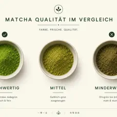 Vergleich von Matcha-Qualitäten: Hochwertiges, leuchtendes Jadegrün; mittleres, gelblich-grünes Pulver; minderwertiges, olivgrünes Pulver.